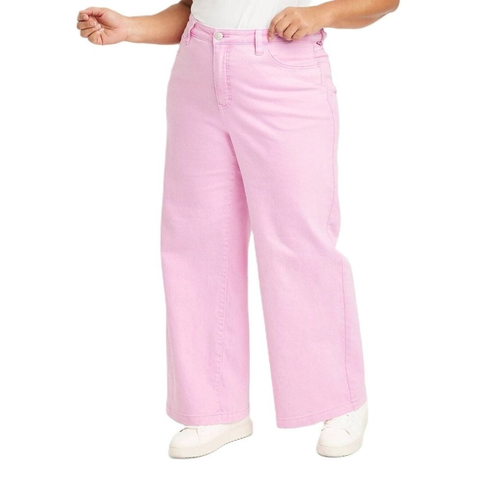 Plus Size Ava & Viv Pink High-Rise Relaxed Fit Wide Leg Jeans 20